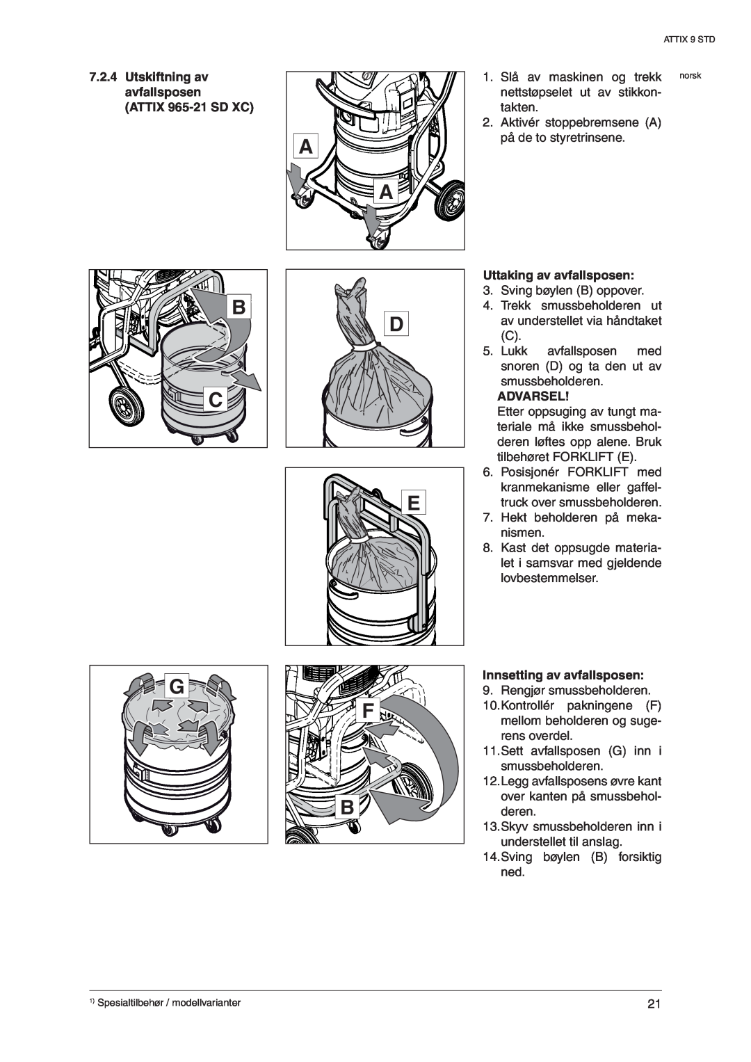 Nilfisk-ALTO 965-21 SD XC, 963-21 ED XC manual Uttaking av avfallsposen, Innsetting av avfallsposen, Advarsel 