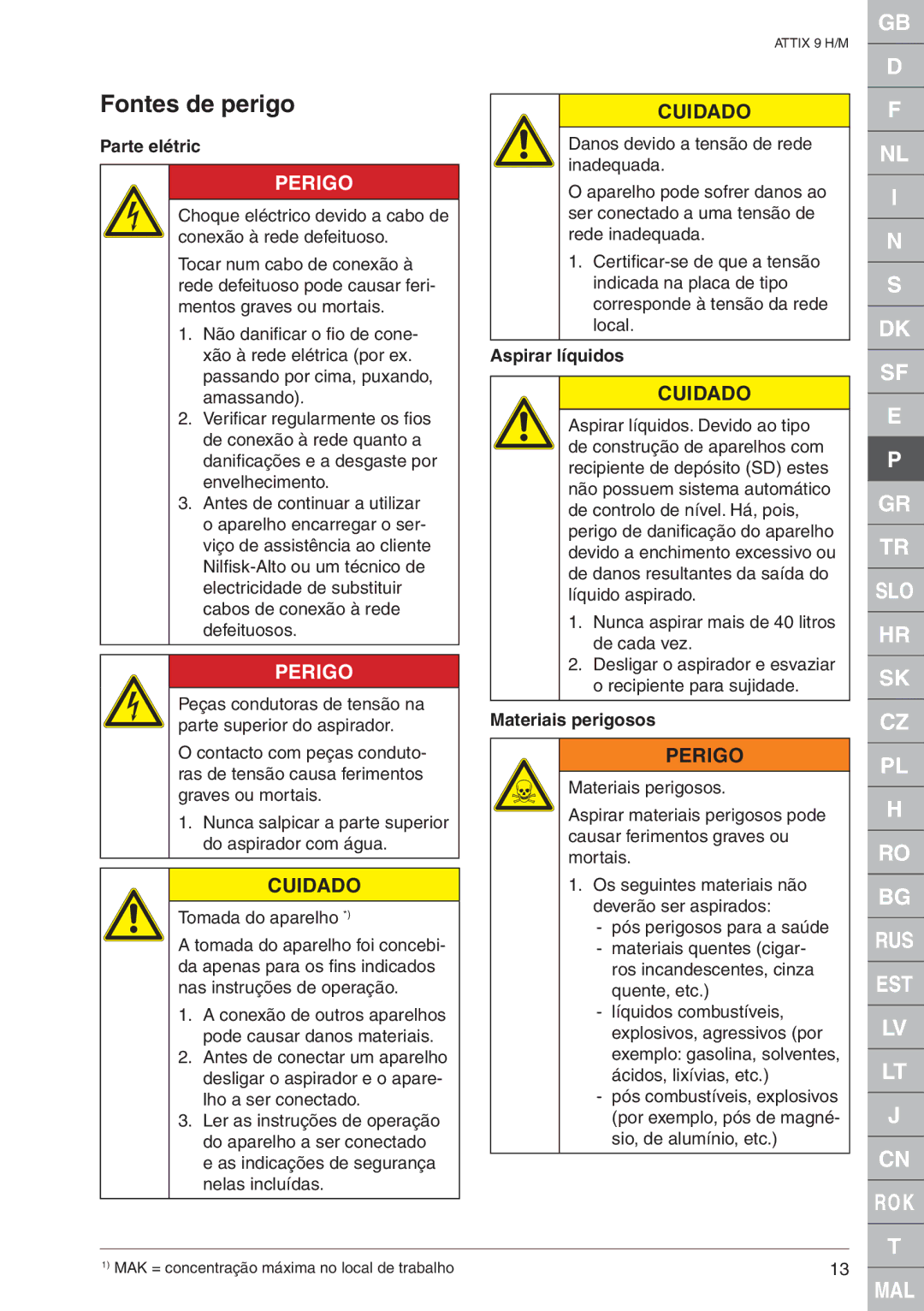 Nilfisk-ALTO 965-0H/M SD XC, 965-2H/M SD XC quick start Parte elétric, Aspirar líquidos, Materiais perigosos 