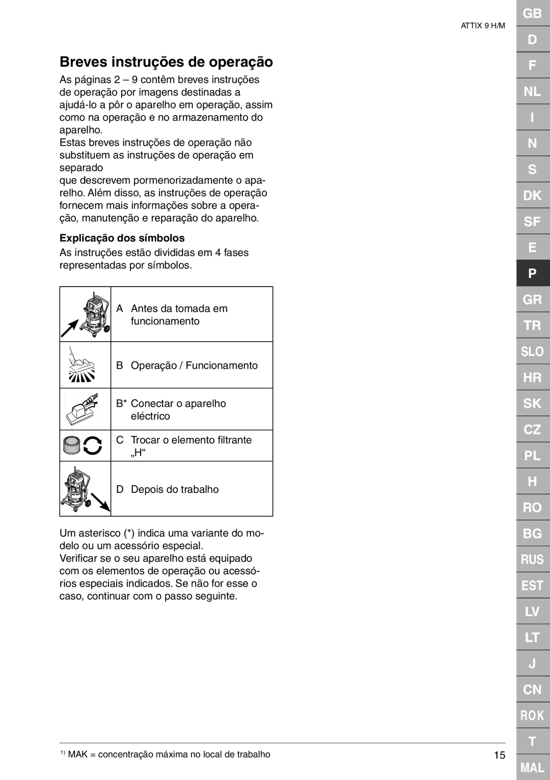 Nilfisk-ALTO 965-0H/M SD XC, 965-2H/M SD XC quick start Breves instruções de operação, Explicação dos símbolos 