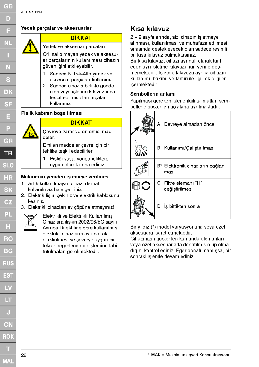 Nilfisk-ALTO 965-2H/M SD XC Kısa kılavuz, Yedek parçalar ve aksesuarlar, Pislik kabýnýn boþaltýlmasý, Sembollerin anlamı 