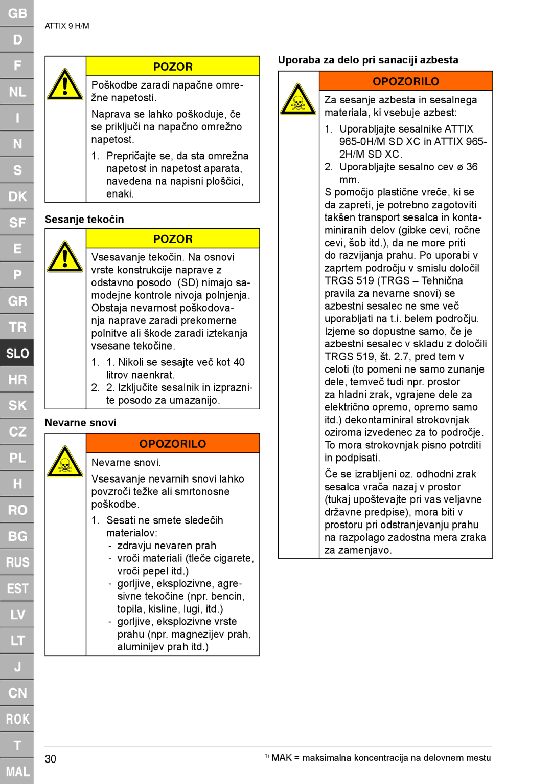 Nilfisk-ALTO 965-2H/M SD XC, 965-0H/M SD XC quick start Sesanje tekočin, Nevarne snovi, Uporaba za delo pri sanaciji azbesta 