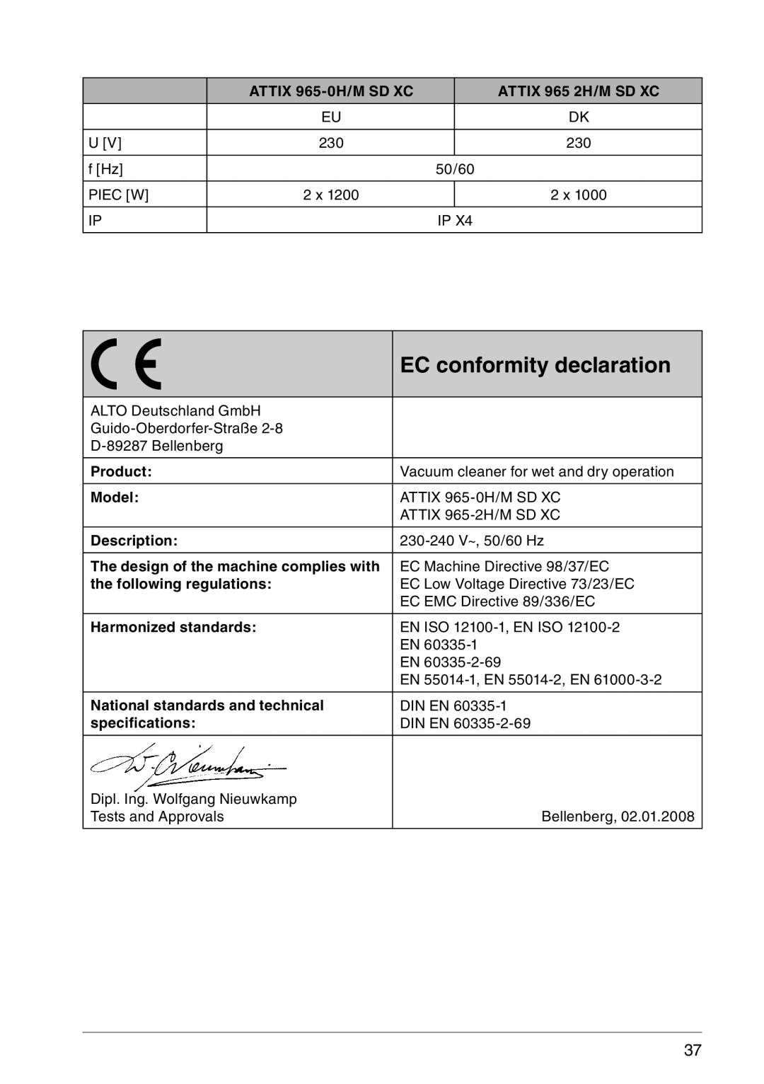 Nilfisk-ALTO 965-0H/M SD XC Product, Model, Description, Following regulations, Harmonized standards, Specifications 