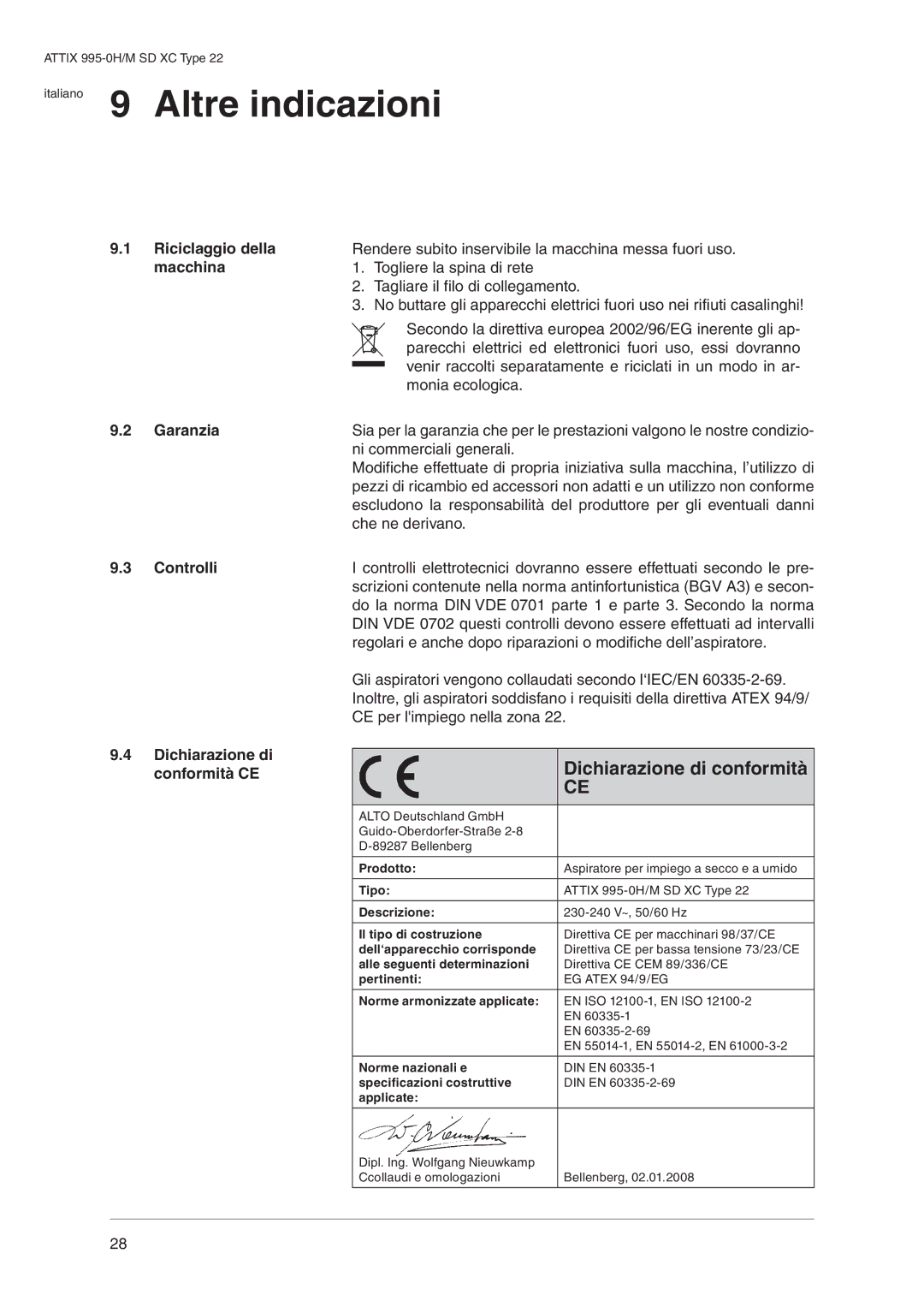 Nilfisk-ALTO 995-0H/M SD XC operating instructions Italiano 9 Altre indicazioni, Dichiarazione di conformità 