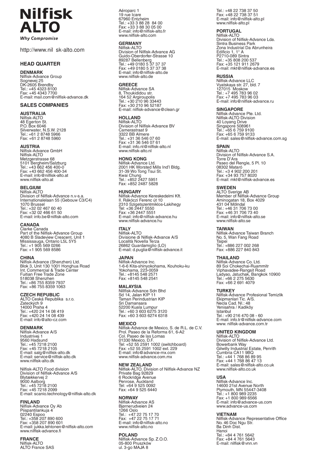 Nilfisk-ALTO 995-0H/M SD XC operating instructions Head Quarter 