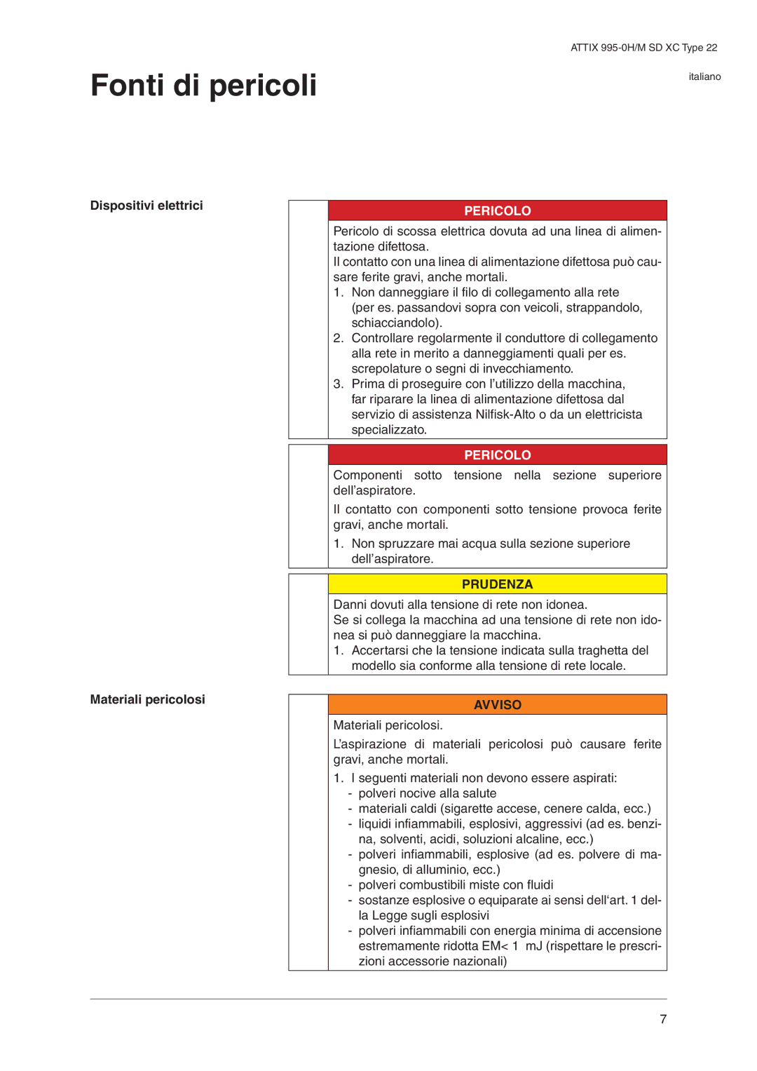 Nilfisk-ALTO 995-0H/M SD XC operating instructions Fonti di pericoli, Dispositivi elettrici, Materiali pericolosi 