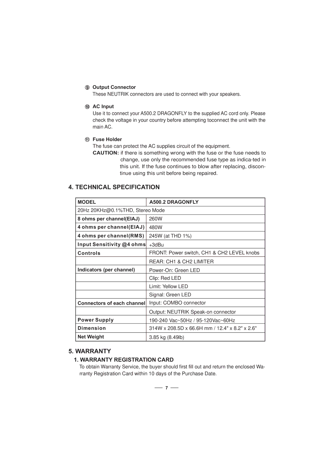 Nilfisk-ALTO A500.2 user manual Technical Specification, Warranty Registration Card 