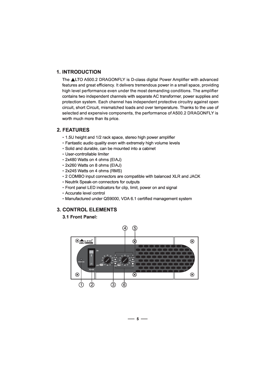 Nilfisk-ALTO A500.2 user manual Introduction, Features, Control Elements, Front Panel 