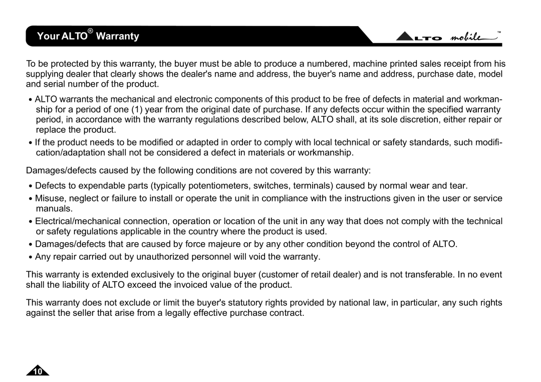 Nilfisk-ALTO ADP102, ADP152 user manual Your Alto Warranty 