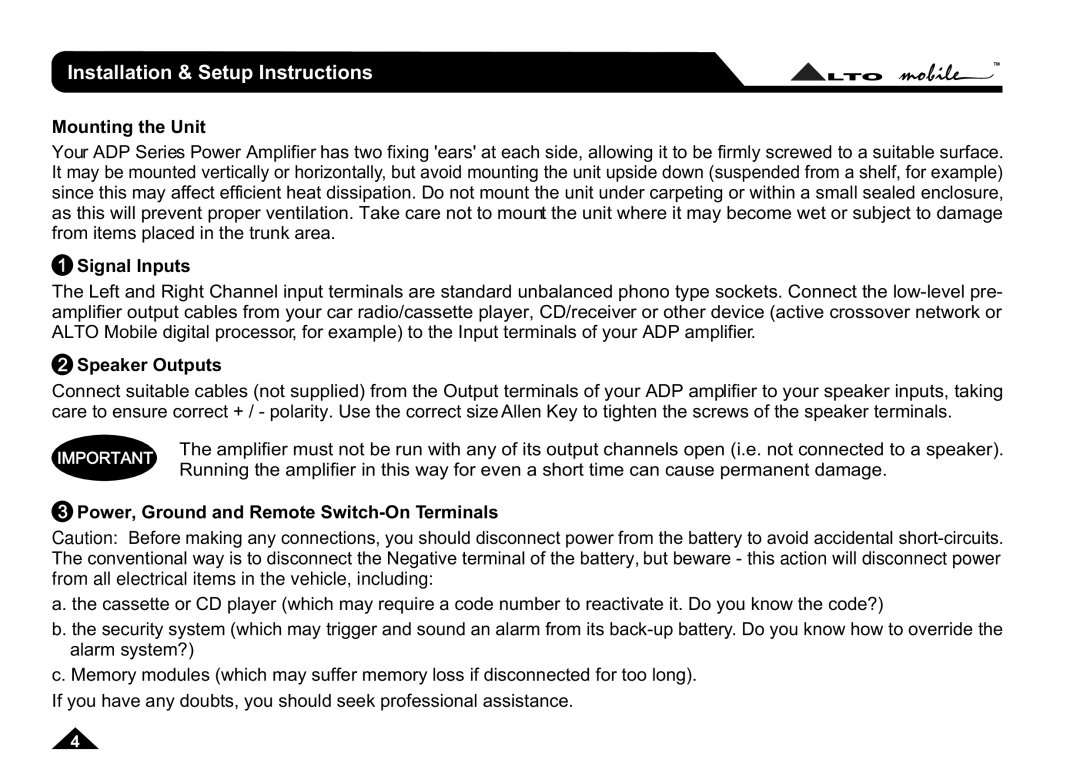 Nilfisk-ALTO ADP102, ADP152 user manual Installation & Setup Instructions, Mounting the Unit, Signal Inputs, Speaker Outputs 