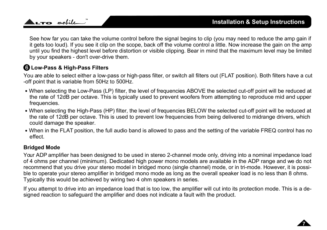 Nilfisk-ALTO ADP152, ADP102 user manual Low-Pass & High-Pass Filters, Bridged Mode 