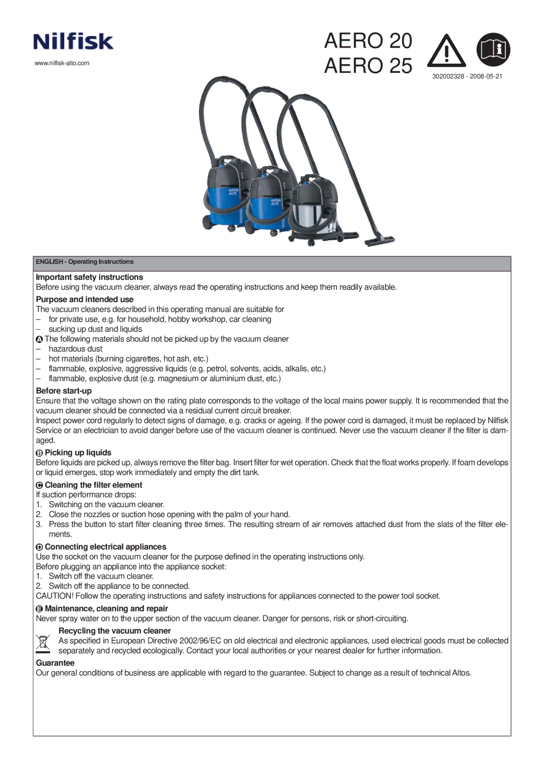 Nilfisk-ALTO Aero 20, Aero 25 operating instructions 