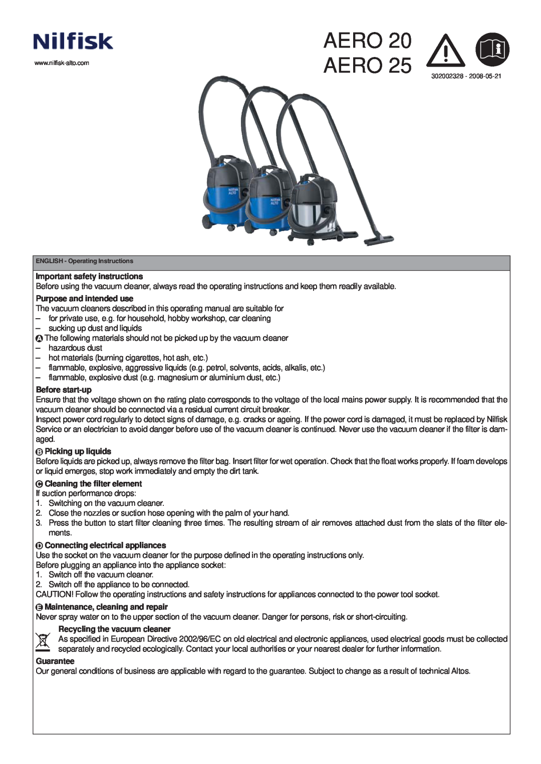Nilfisk-ALTO Aero 20 operating instructions Important safety instructions, Purpose and intended use, Before start-up 