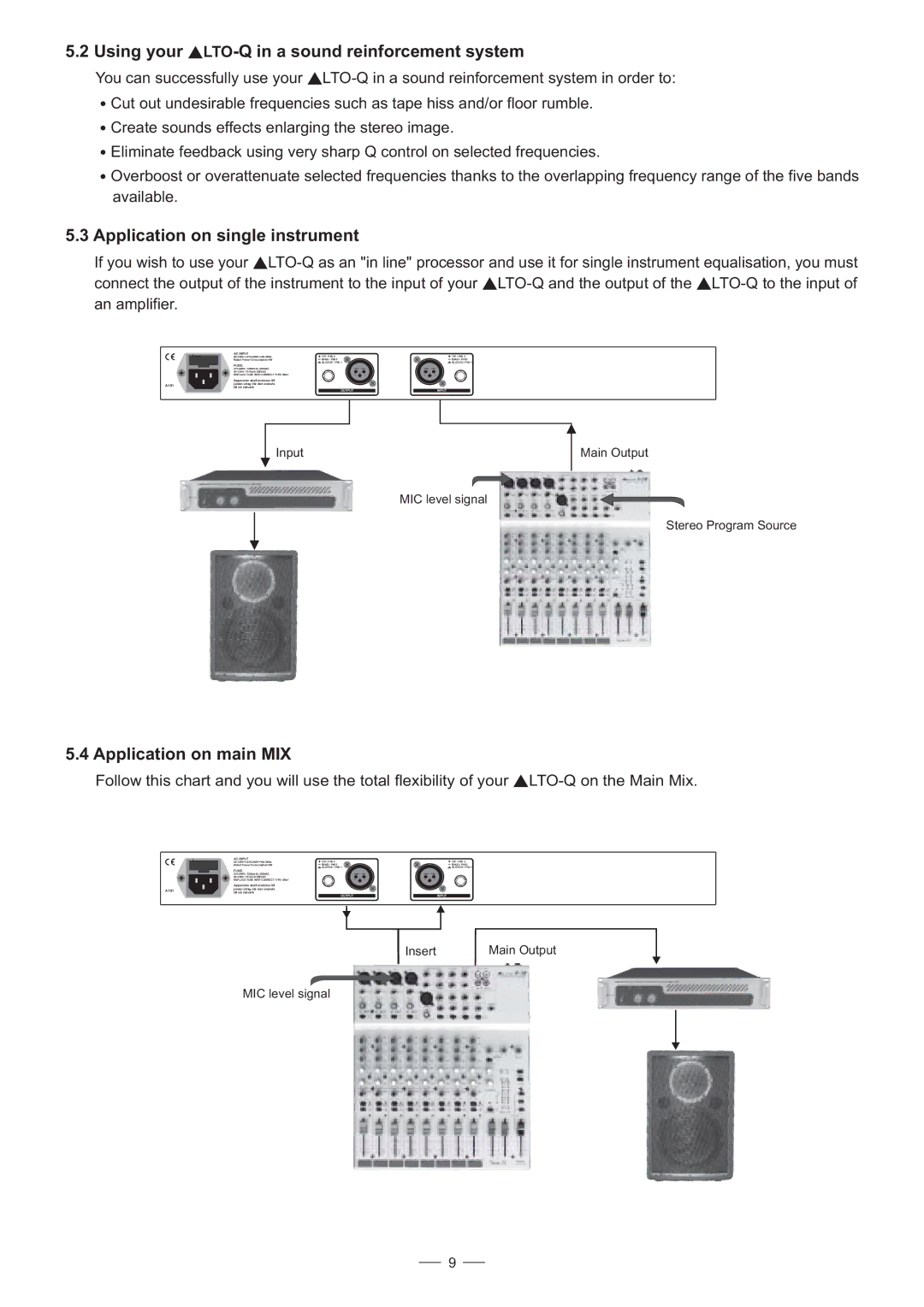 Nilfisk-ALTO ALTO Q user manual Using your LTO-Q in a sound reinforcement system, Application on single instrument 