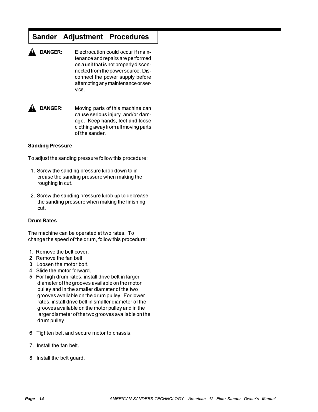 Nilfisk-ALTO American 12 manual Sander Adjustment Procedures, Sanding Pressure, Drum Rates 