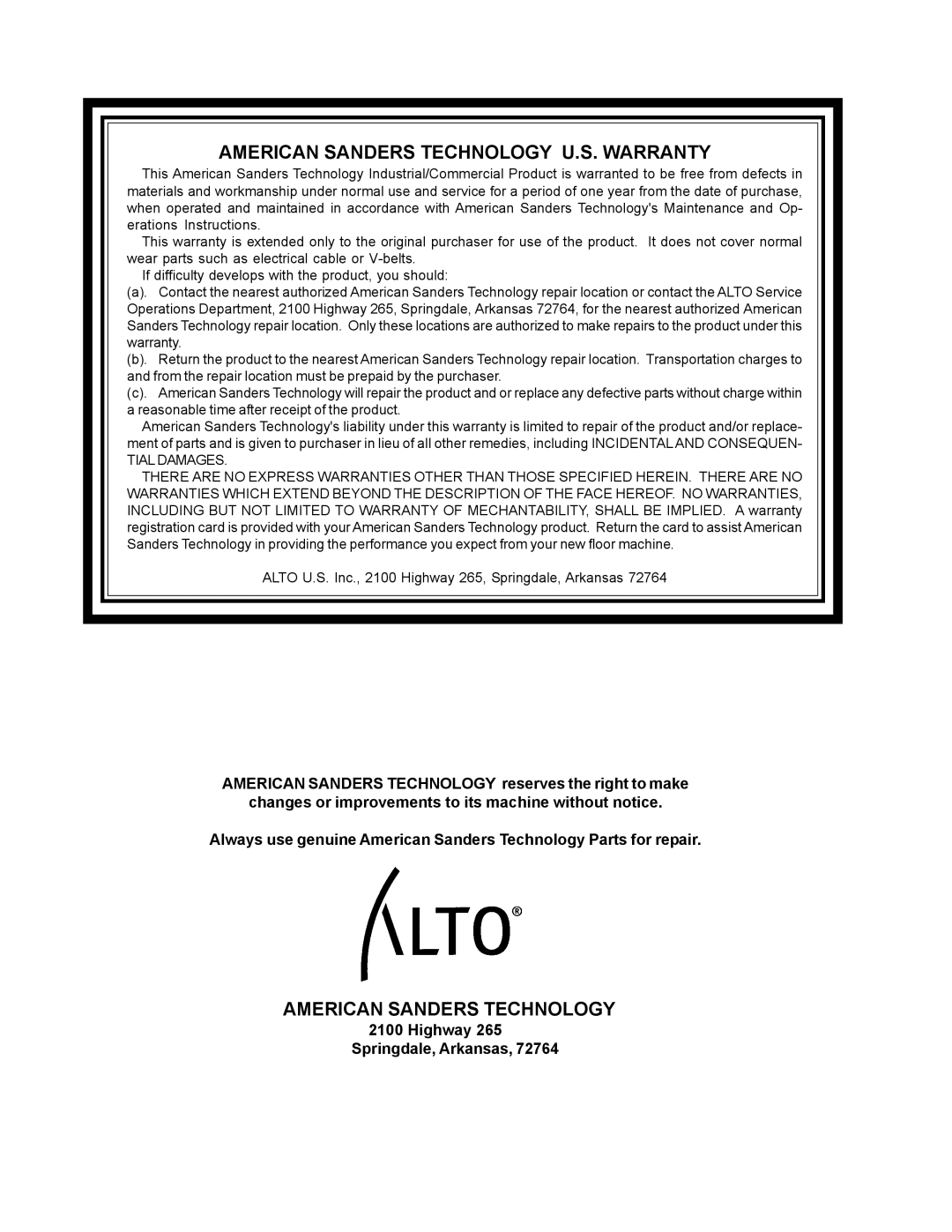 Nilfisk-ALTO American 12 manual American Sanders Technology U.S. Warranty, Highway 265 Springdale, Arkansas 