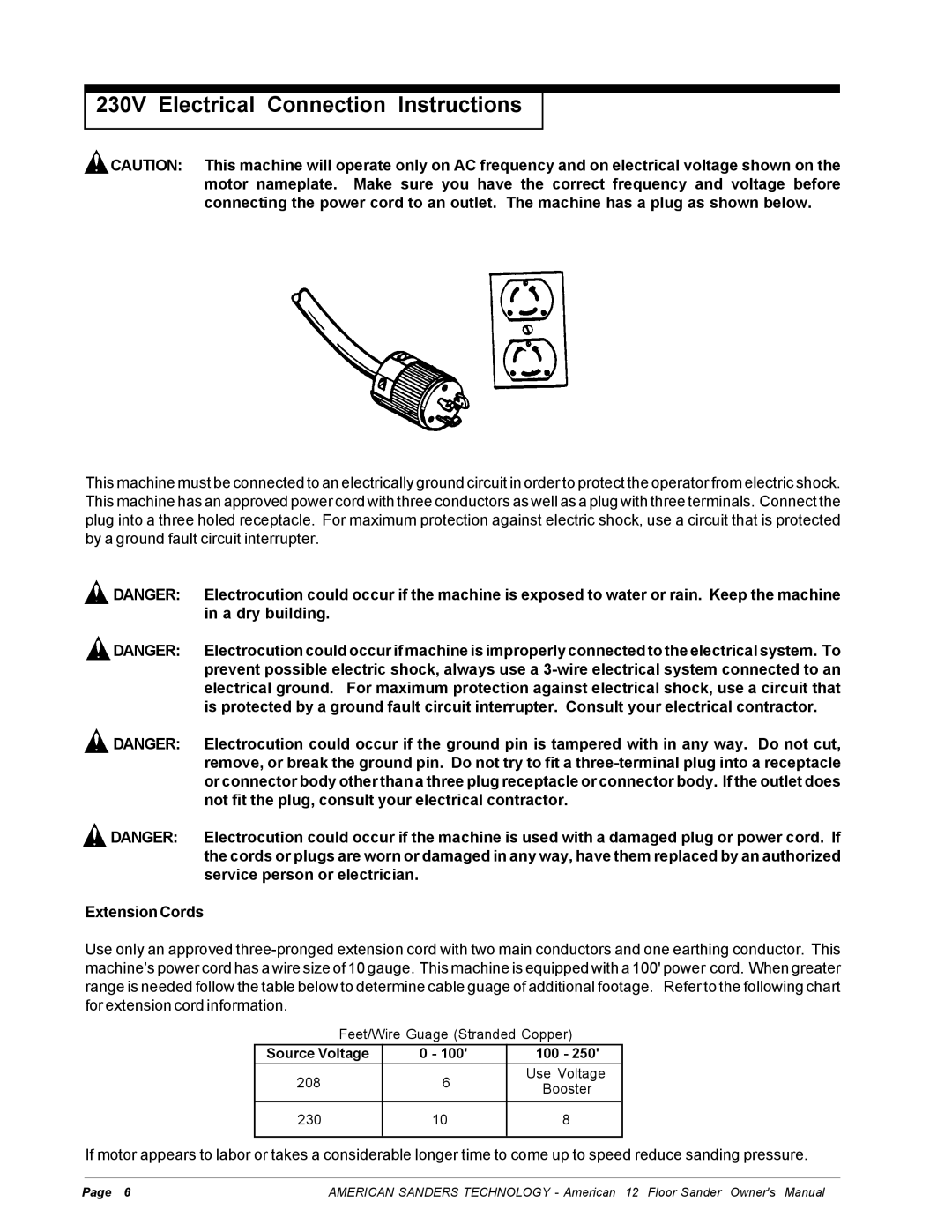 Nilfisk-ALTO American 12 manual 230V Electrical Connection Instructions, A dry building, Service person or electrician 