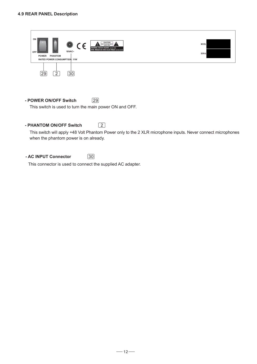 Nilfisk-ALTO AMX-120 user manual Rear Panel Description, Power ON/OFF Switch, Phantom ON/OFF Switch, AC Input Connector 