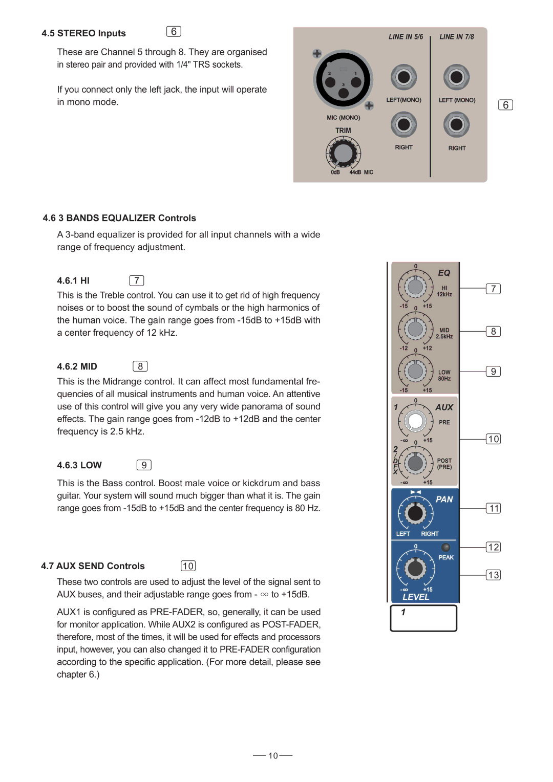 Nilfisk-ALTO AMX-140FX user manual Stereo Inputs, Bands Equalizer Controls, 1 HI, 2 MID, 3 LOW, AUX Send Controls 