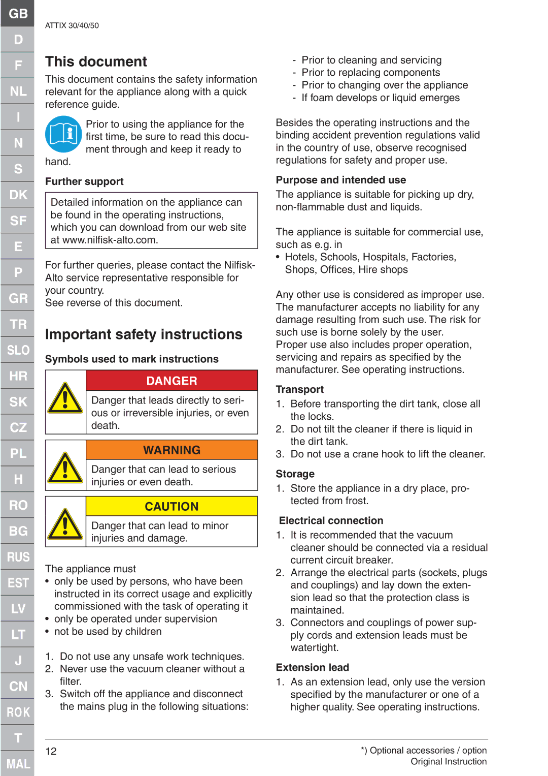 Nilfisk-ALTO ATTIX 50-21 PC EC Further support, Symbols used to mark instructions, Purpose and intended use, Transport 