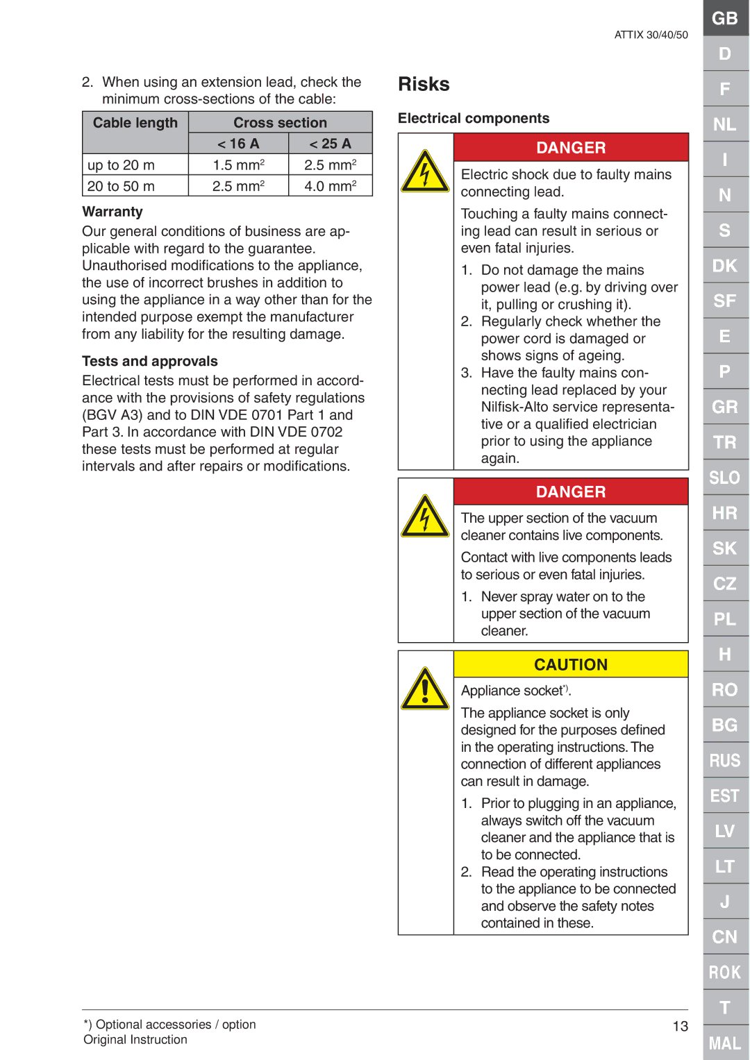 Nilfisk-ALTO ATTIX 30 / PC / XC quick start Cable length Cross a 25 a, Warranty, Tests and approvals, Electrical components 