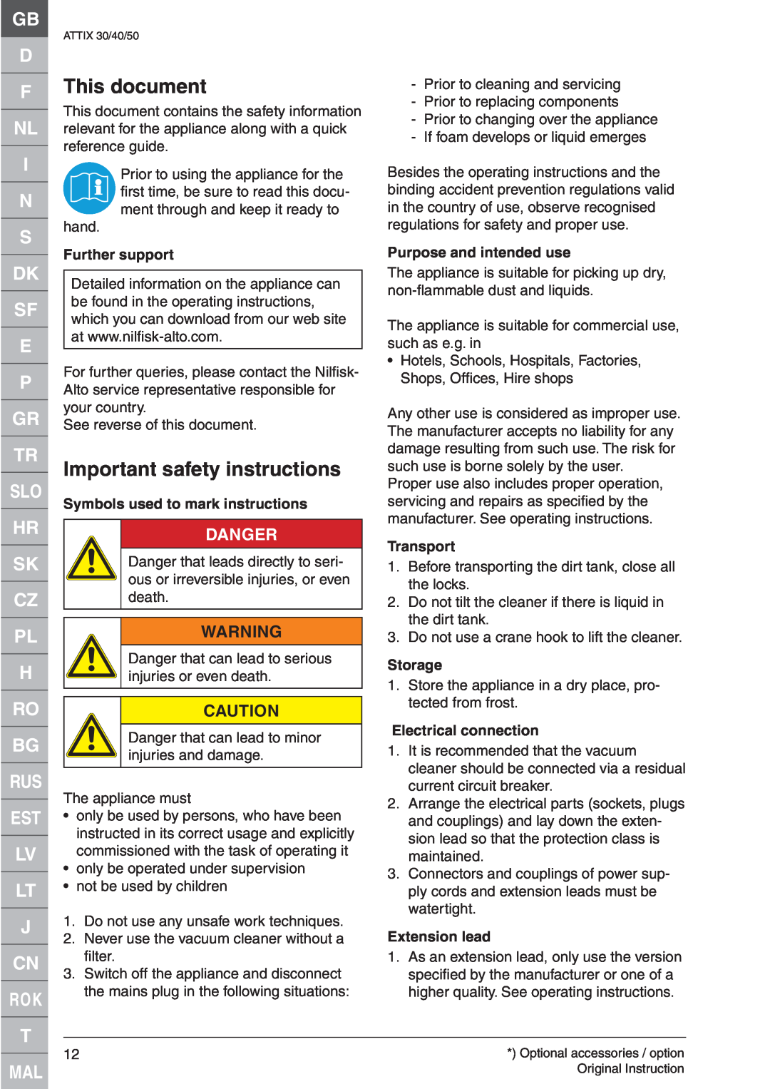 Nilfisk-ALTO ATTIX 50-21 PC EC This document, Important safety instructions, Gb D F Nl I N S Dk Sf E P Gr Tr Slo, Danger 