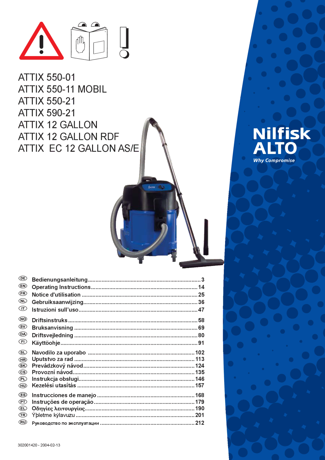 Nilfisk-ALTO ATTIX 550-01 manual 102, 113, 124, 135, 146, 157, 168, 179, 190, 201, 212 