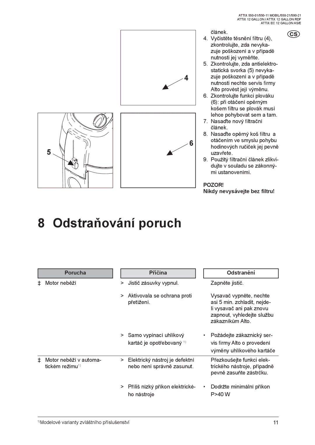 Nilfisk-ALTO ATTIX 550-01 manual Odstraňování poruch, Nikdy nevysávejte bez ﬁltru, Porucha, Příčina, Odstranění 