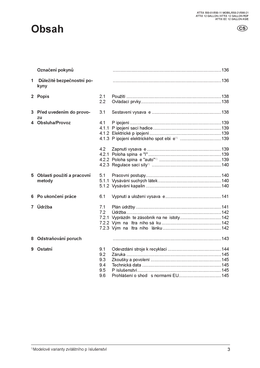 Nilfisk-ALTO ATTIX 550-01 manual Obsah, 1Modelové varianty zvláštního příslušenství 