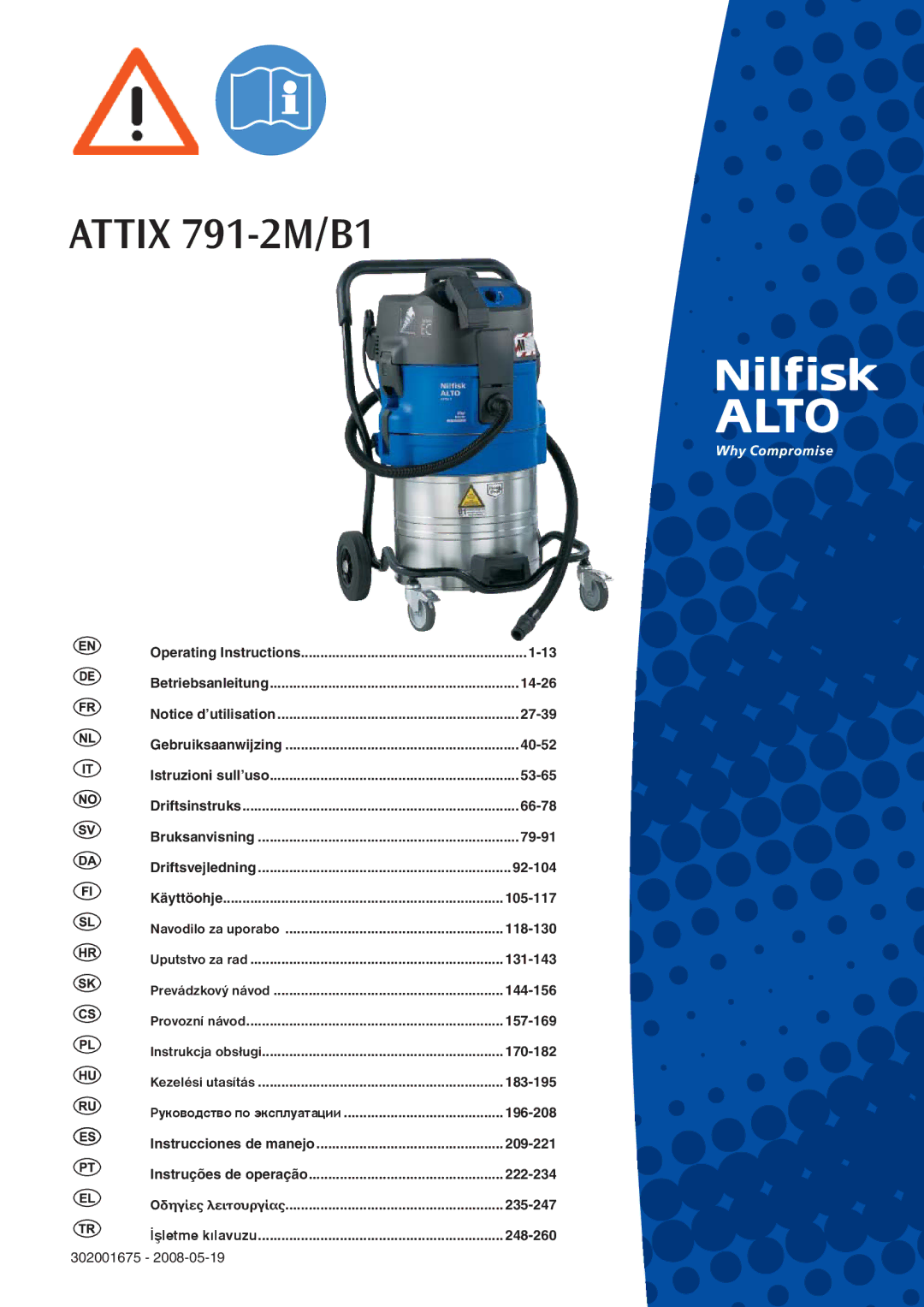 Nilfisk-ALTO ATTIX 791-2M/B1 operating instructions 14-26, 27-39, 40-52, 53-65, 66-78, 79-91, 92-104 