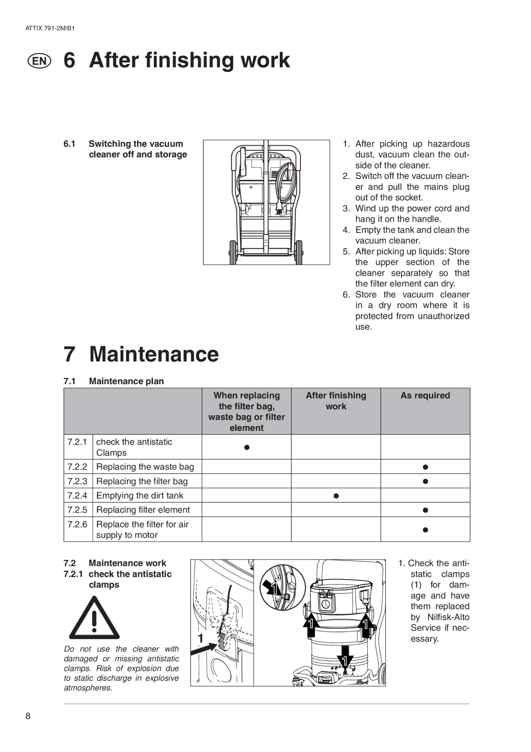 Nilfisk-ALTO ATTIX 791-2M/B1 operating instructions After finishing work, Maintenance 