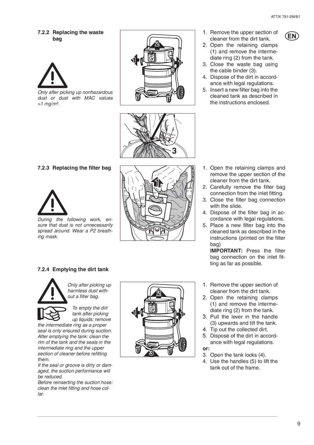 Nilfisk-ALTO ATTIX 791-2M/B1 Replacing the waste bag, Replacing the filter bag, Emptying the dirt tank 
