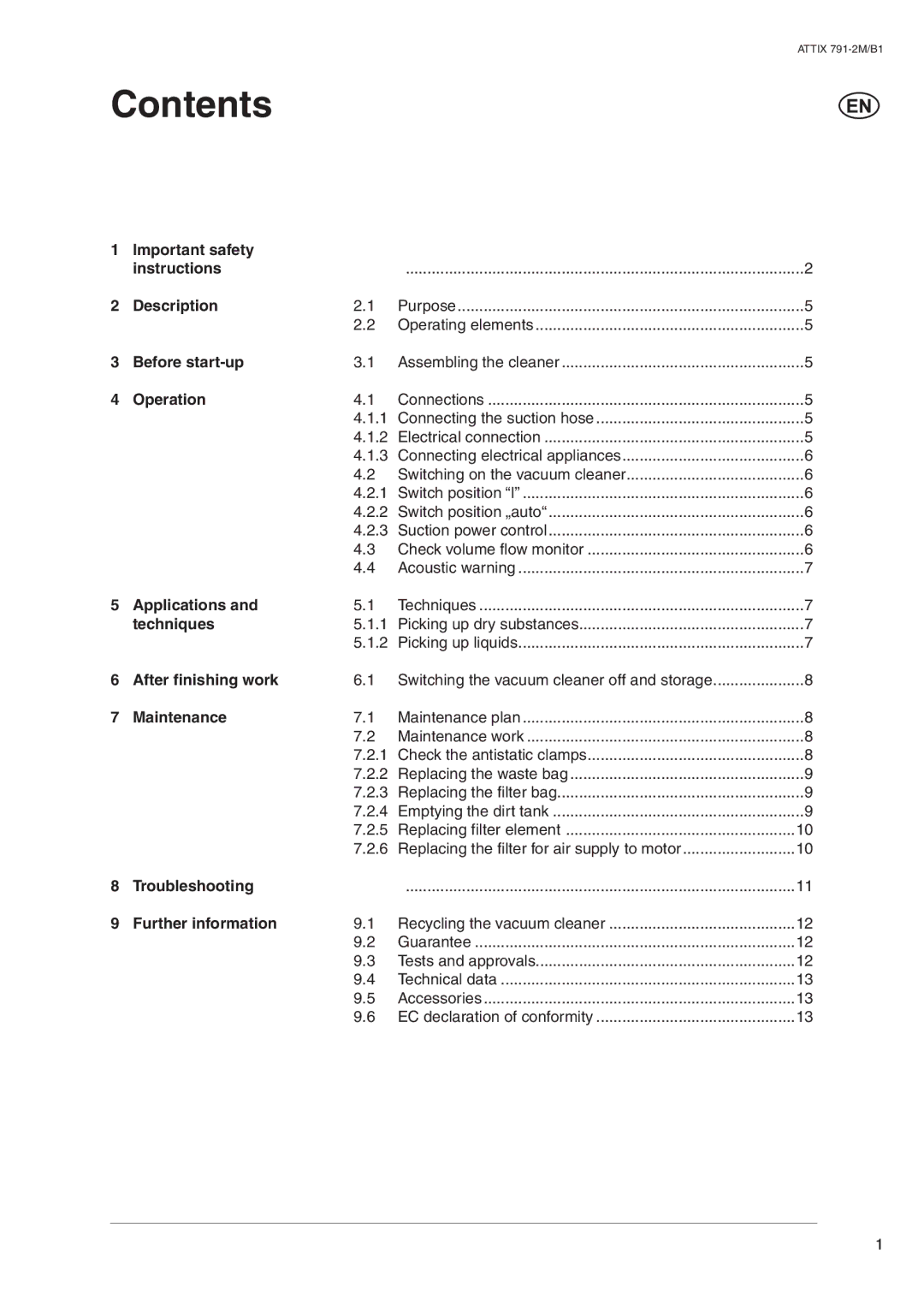 Nilfisk-ALTO ATTIX 791-2M/B1 operating instructions Contents 