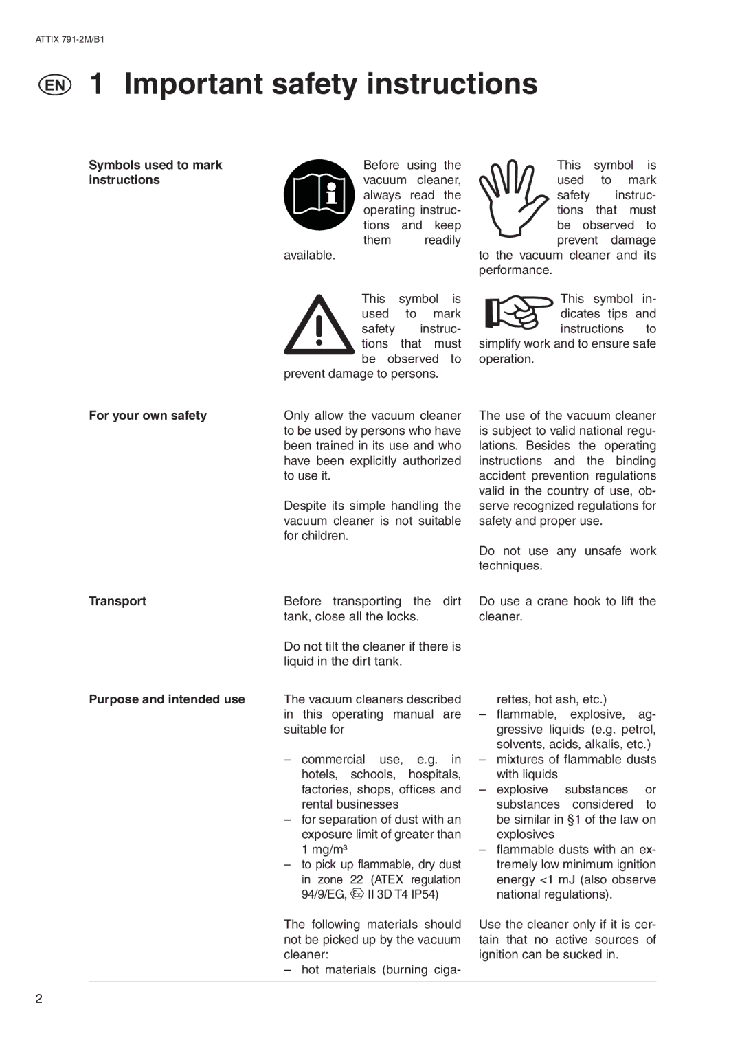 Nilfisk-ALTO ATTIX 791-2M/B1 Important safety instructions, Symbols used to mark, For your own safety, Transport 