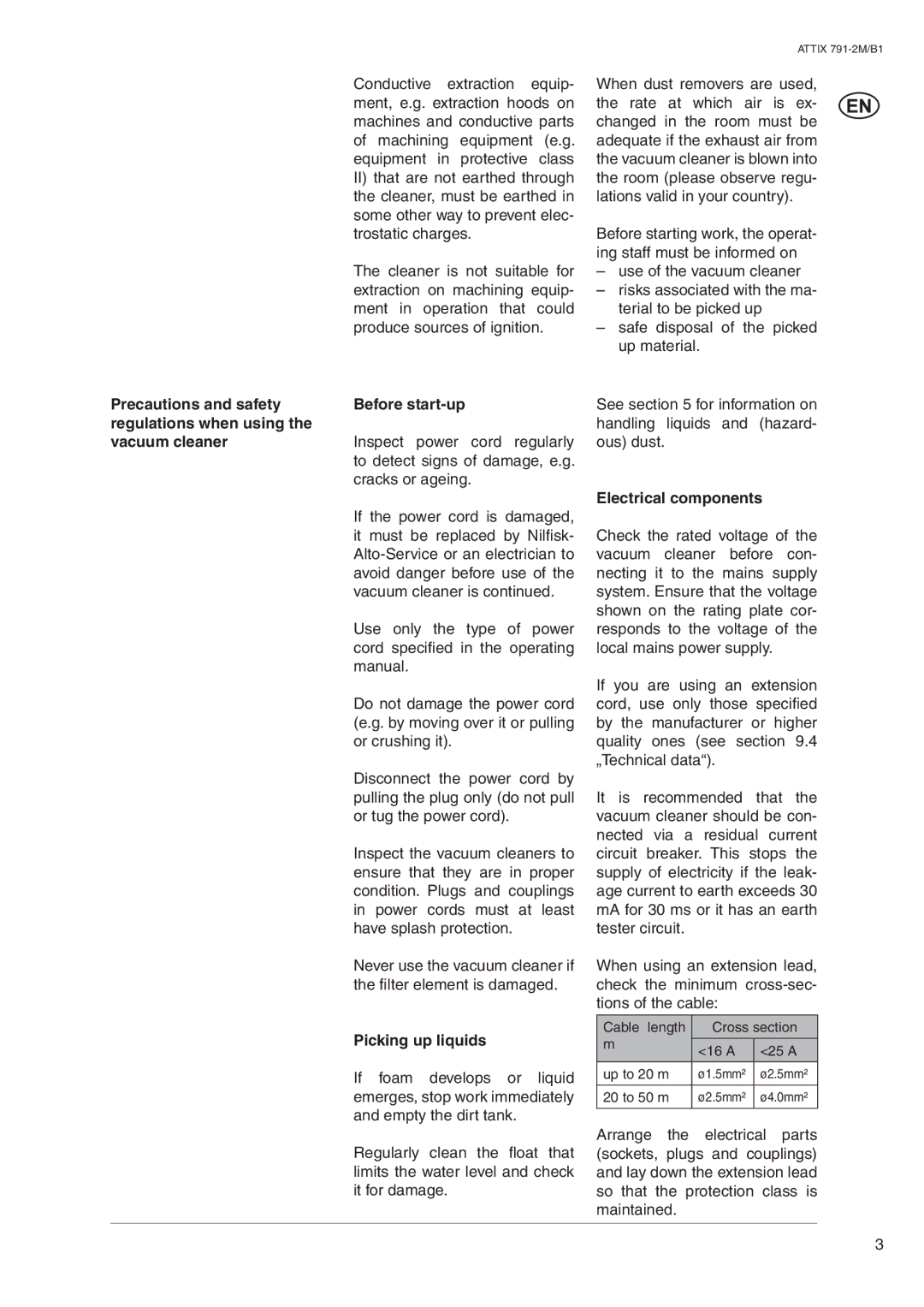 Nilfisk-ALTO ATTIX 791-2M/B1 operating instructions Picking up liquids, Electrical components 