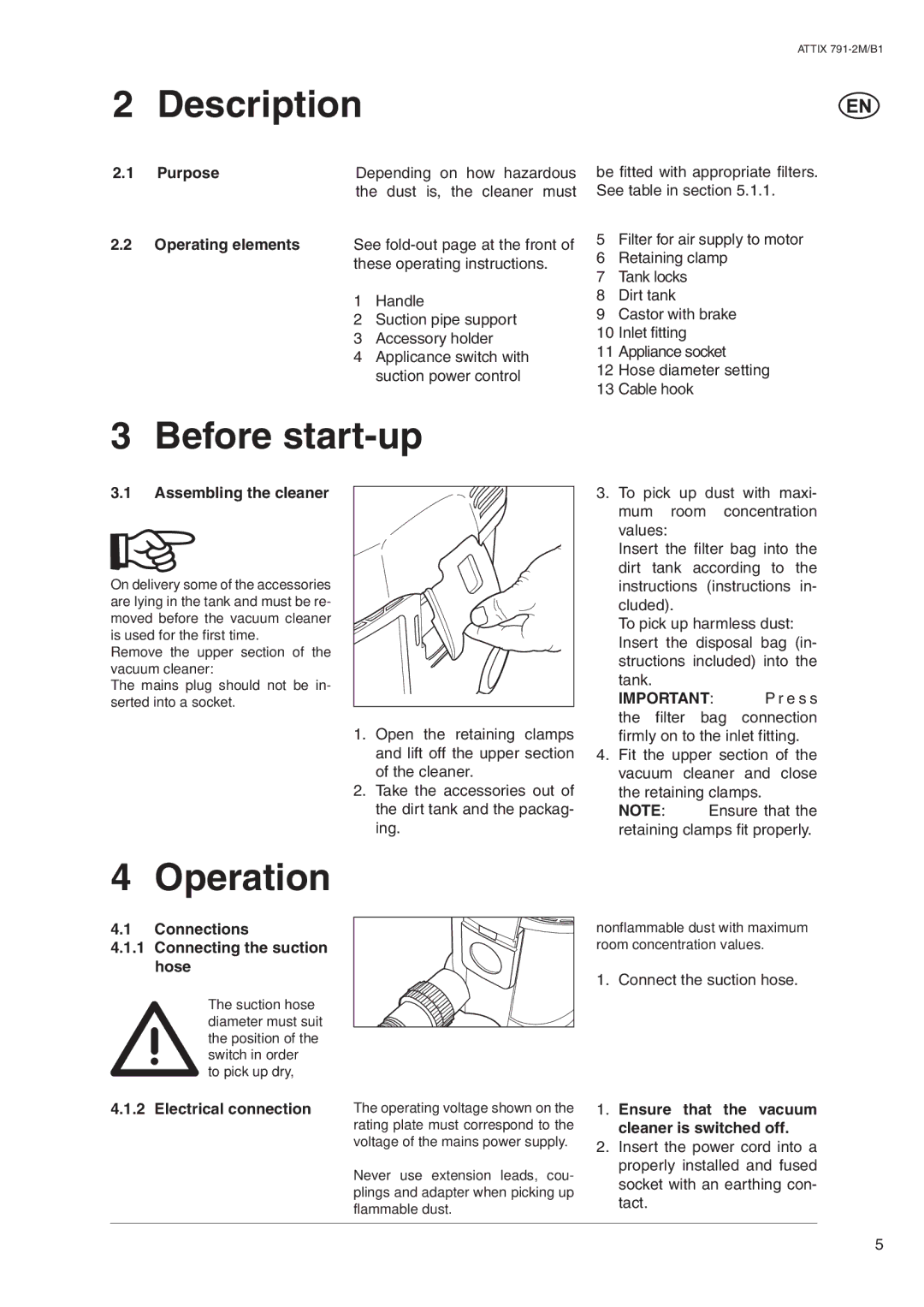 Nilfisk-ALTO ATTIX 791-2M/B1 operating instructions Description, Before start-up, Operation 