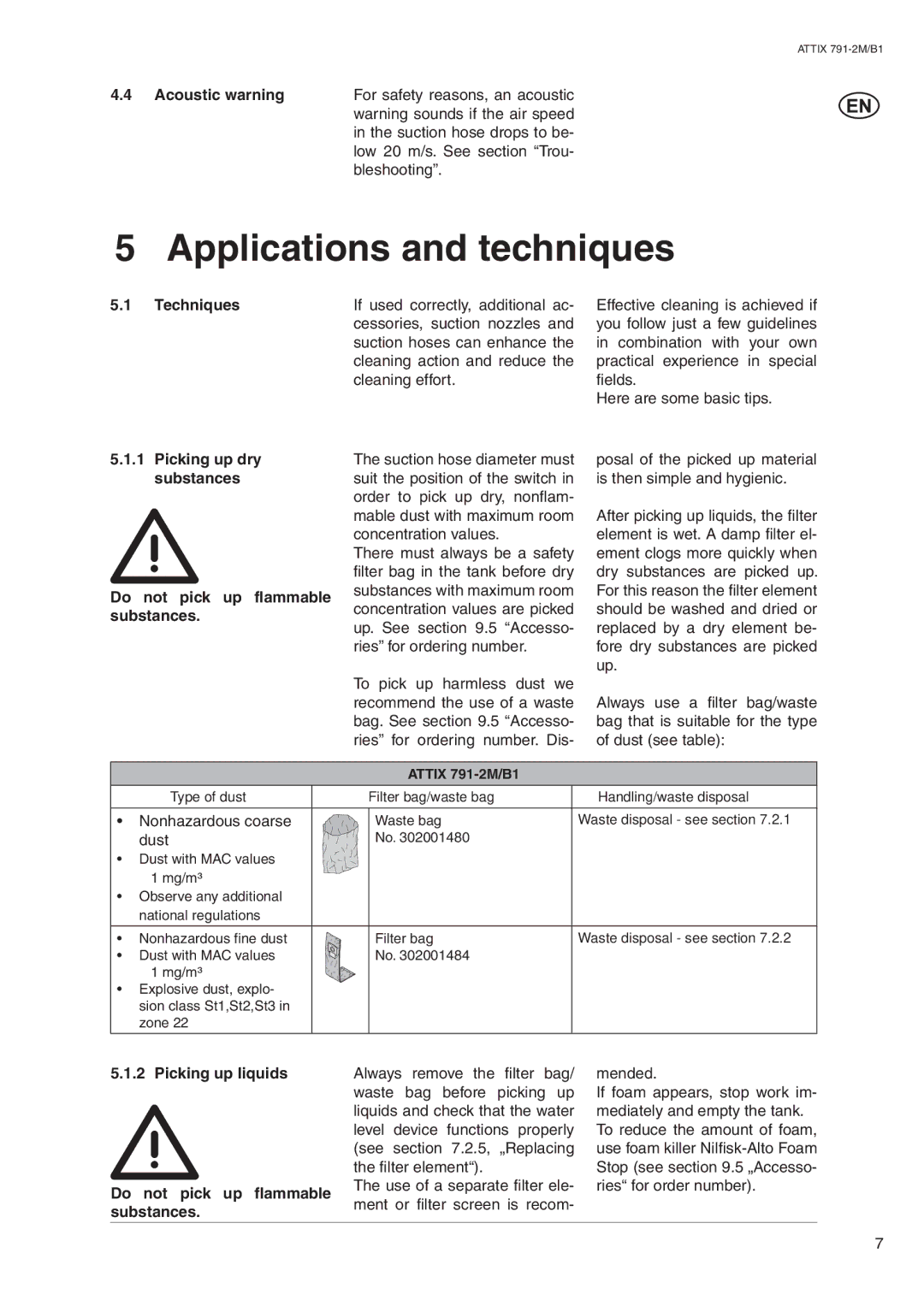 Nilfisk-ALTO ATTIX 791-2M/B1 operating instructions Applications and techniques, Acoustic warning 