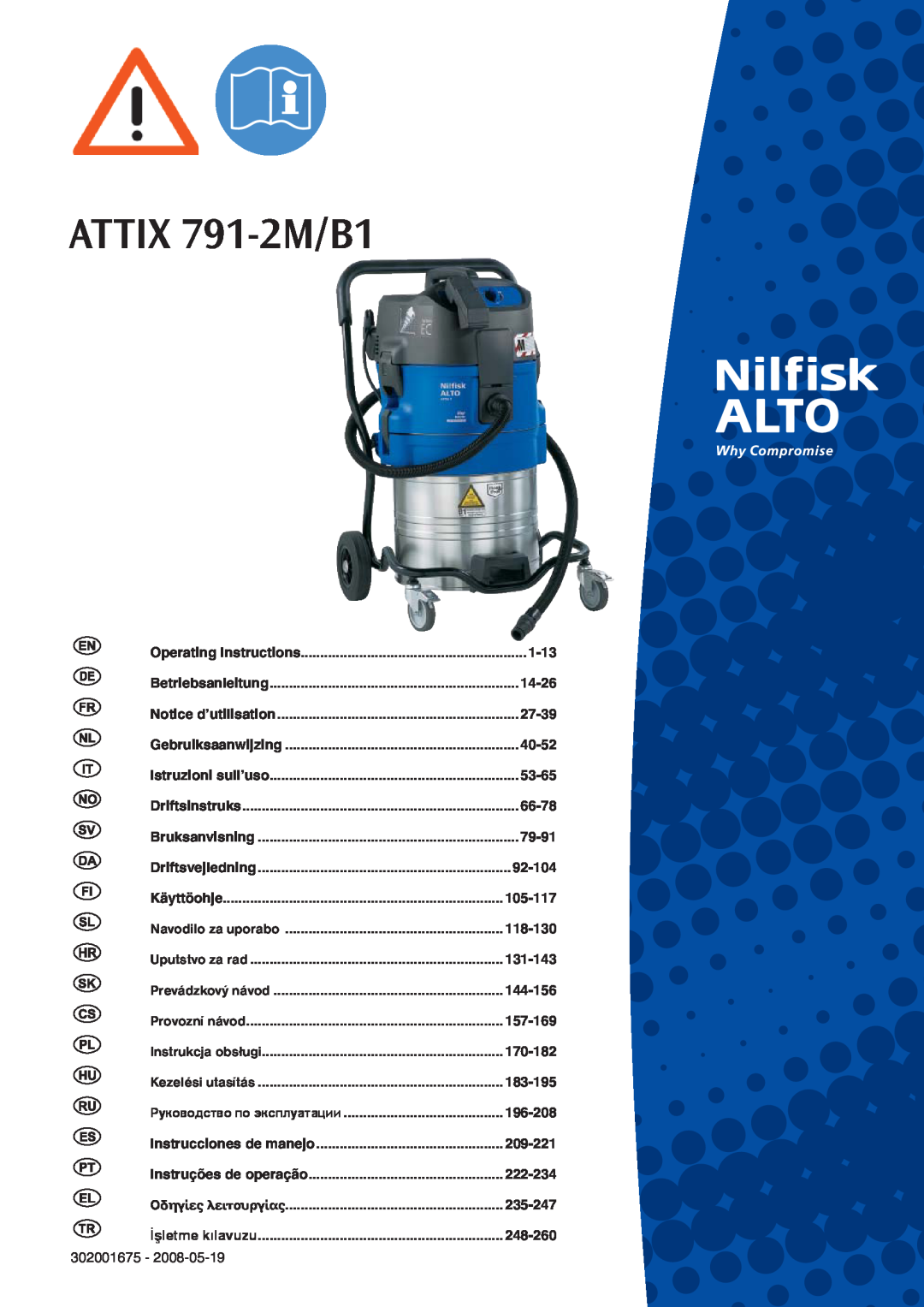 Nilfisk-ALTO ATTIX 791-2M/B1 operating instructions 1-13, 14-26, 27-39, 40-52, 53-65, 66-78, 79-91, 92-104 