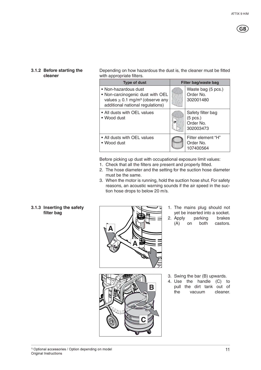 Nilfisk-ALTO ATTIX 965-2H/M SD XC, ATTIX 965-0H/M SD XC manual Before starting the cleaner, Inserting the safety filter bag 