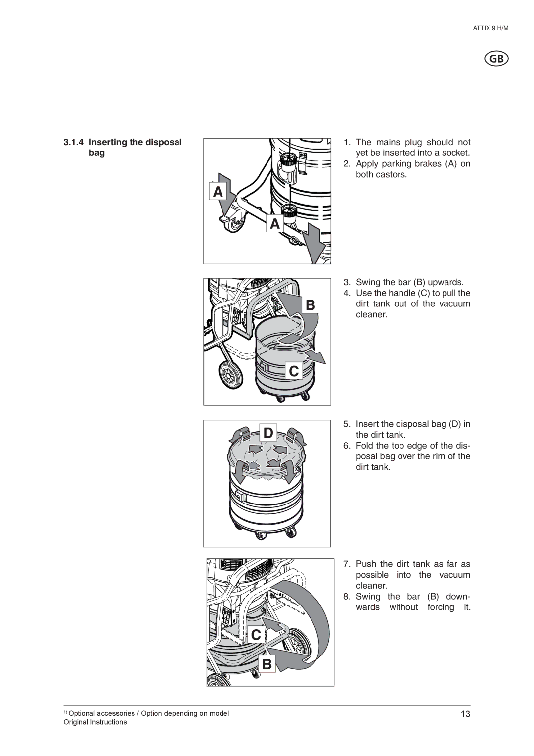 Nilfisk-ALTO ATTIX 965-2H/M SD XC, ATTIX 965-0H/M SD XC manual Inserting the disposal bag 