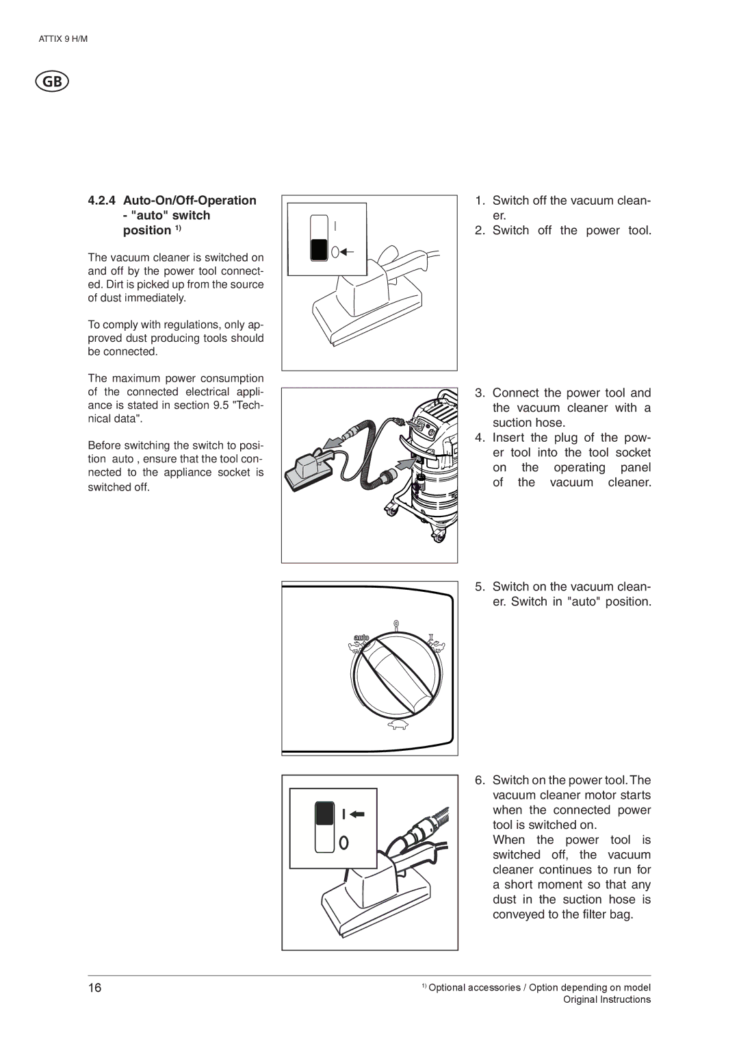 Nilfisk-ALTO ATTIX 965-0H/M SD XC, ATTIX 965-2H/M SD XC manual Auto-On/Off-Operation auto switch position 