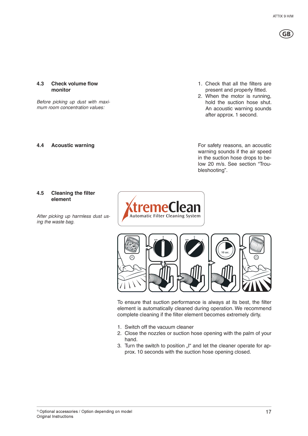 Nilfisk-ALTO ATTIX 965-2H/M SD XC manual Check volume flow monitor, Acoustic warning Cleaning the filter element 