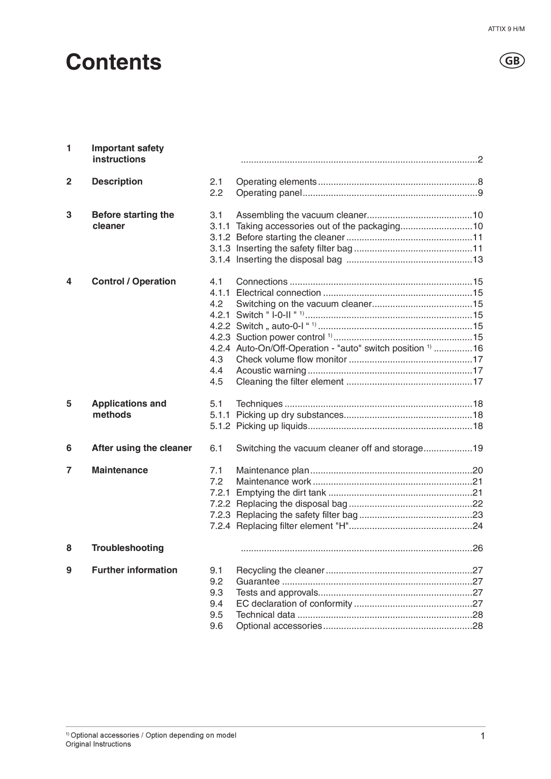 Nilfisk-ALTO ATTIX 965-2H/M SD XC, ATTIX 965-0H/M SD XC manual Contents 