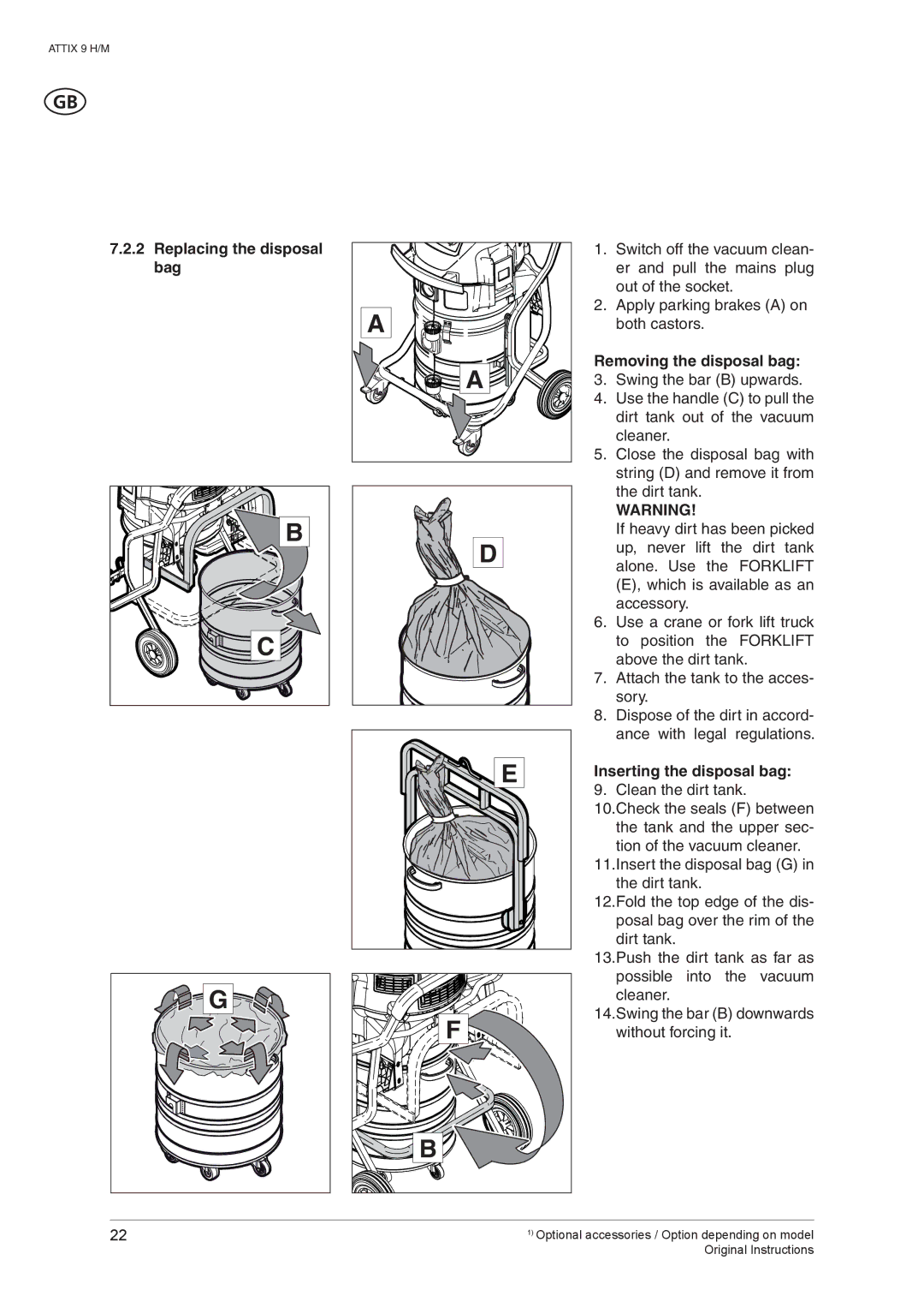 Nilfisk-ALTO ATTIX 965-0H/M SD XC, ATTIX 965-2H/M SD XC manual Replacing the disposal bag, Removing the disposal bag 