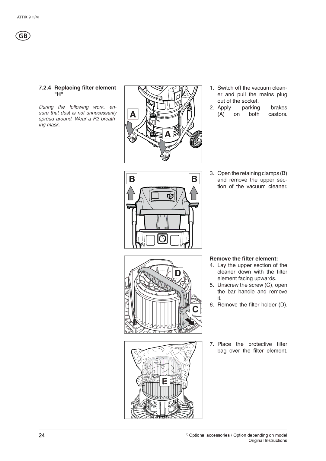 Nilfisk-ALTO ATTIX 965-0H/M SD XC, ATTIX 965-2H/M SD XC manual Replacing filter element H, Remove the filter element 