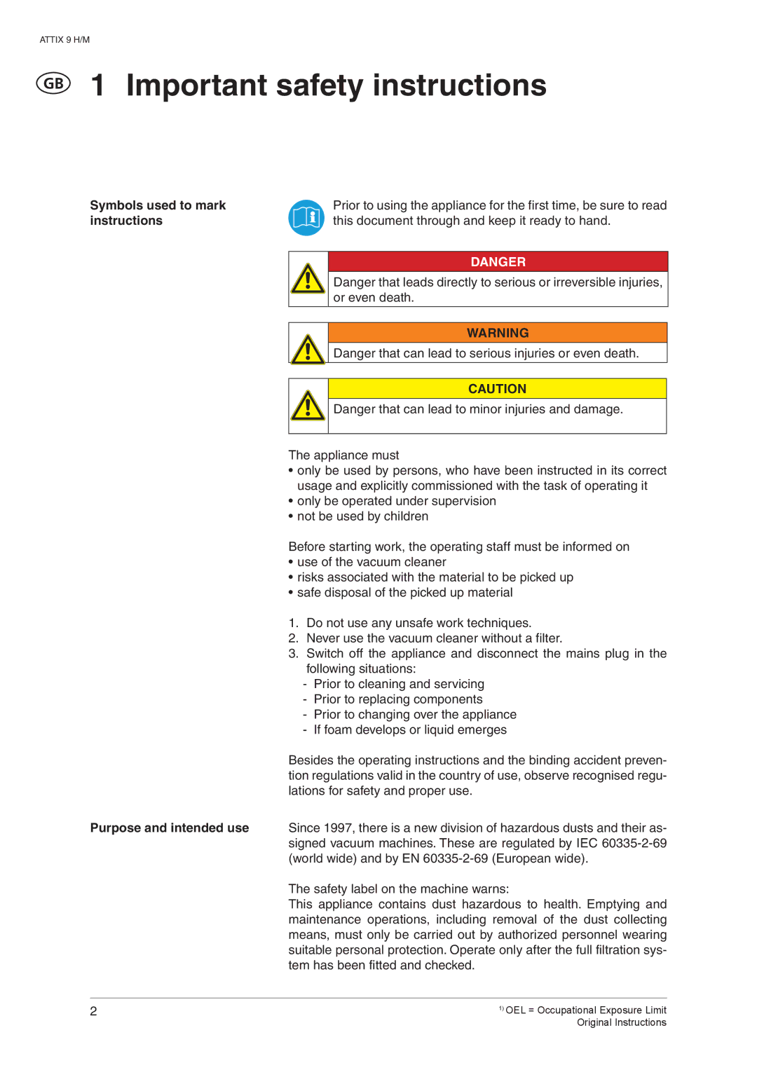 Nilfisk-ALTO ATTIX 965-0H/M SD XC, ATTIX 965-2H/M SD XC manual Important safety instructions, Symbols used to mark 