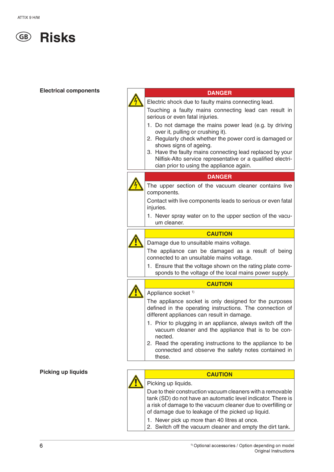 Nilfisk-ALTO ATTIX 965-0H/M SD XC, ATTIX 965-2H/M SD XC manual Risks, Electrical components Picking up liquids 