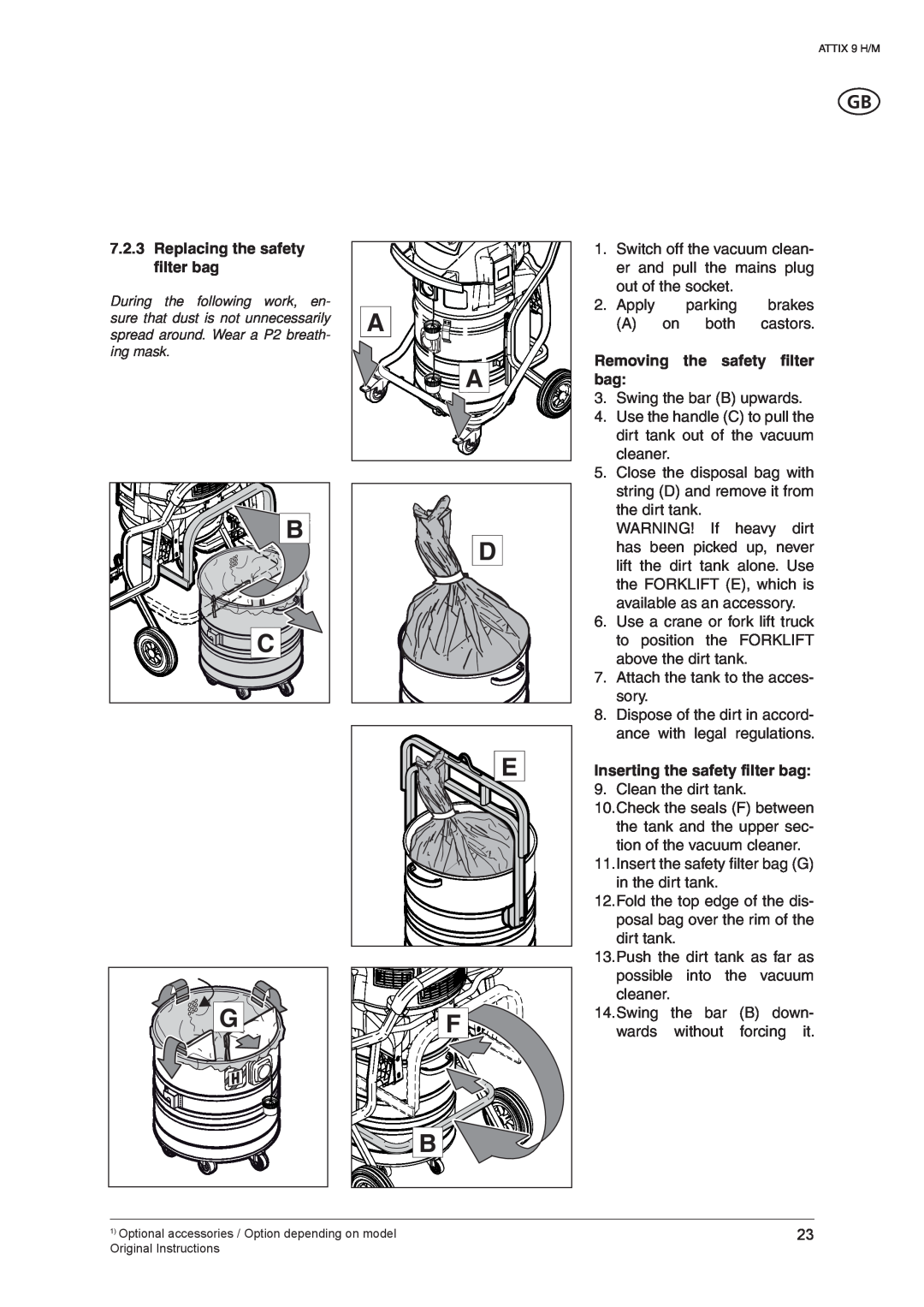 Nilfisk-ALTO ATTIX 965-2H/M SD XC manual 7.2.3Replacing the safety filter bag, Removing the safety filter bag 
