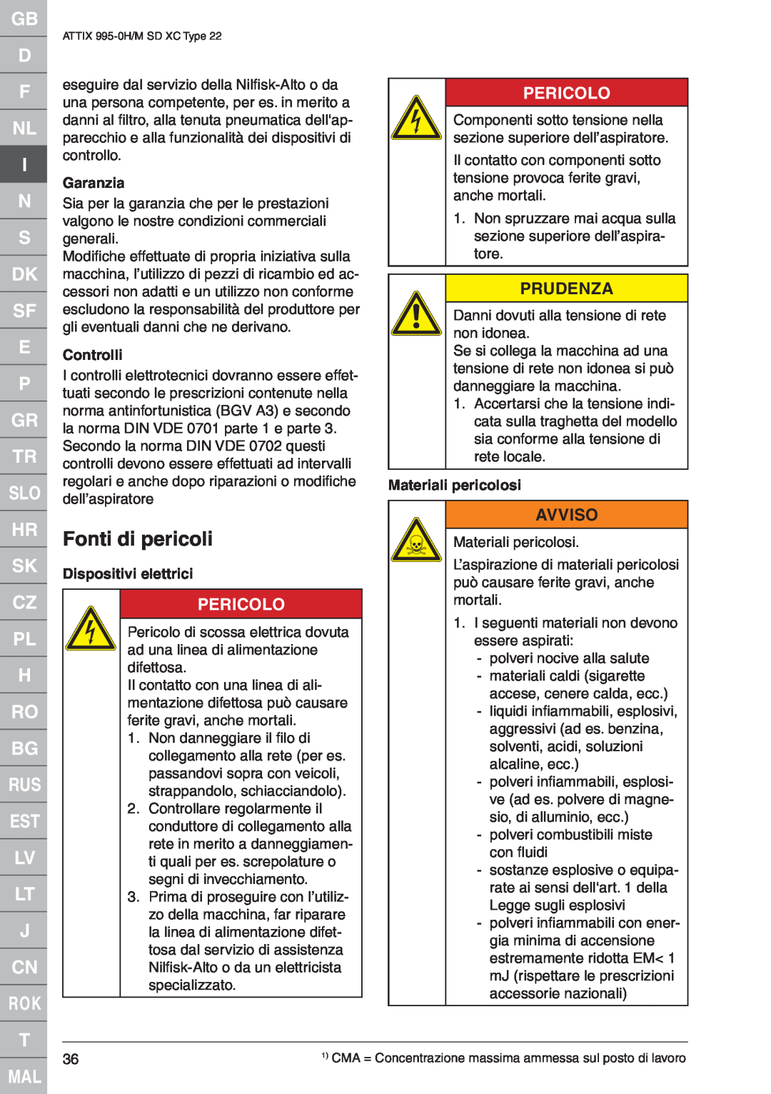 Nilfisk-ALTO ATTIX 995-0H quick start Fonti di pericoli, Garanzia, EControlli, Dispositivi elettrici, Materiali pericolosi 