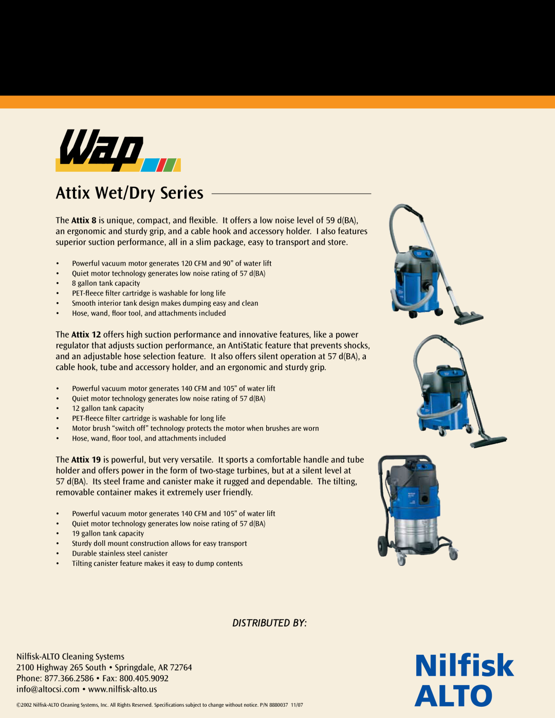 Nilfisk-ALTO Attix Series manual Attix Wet/Dry Series, Distributed By, Nilfisk-ALTOCleaning Systems 
