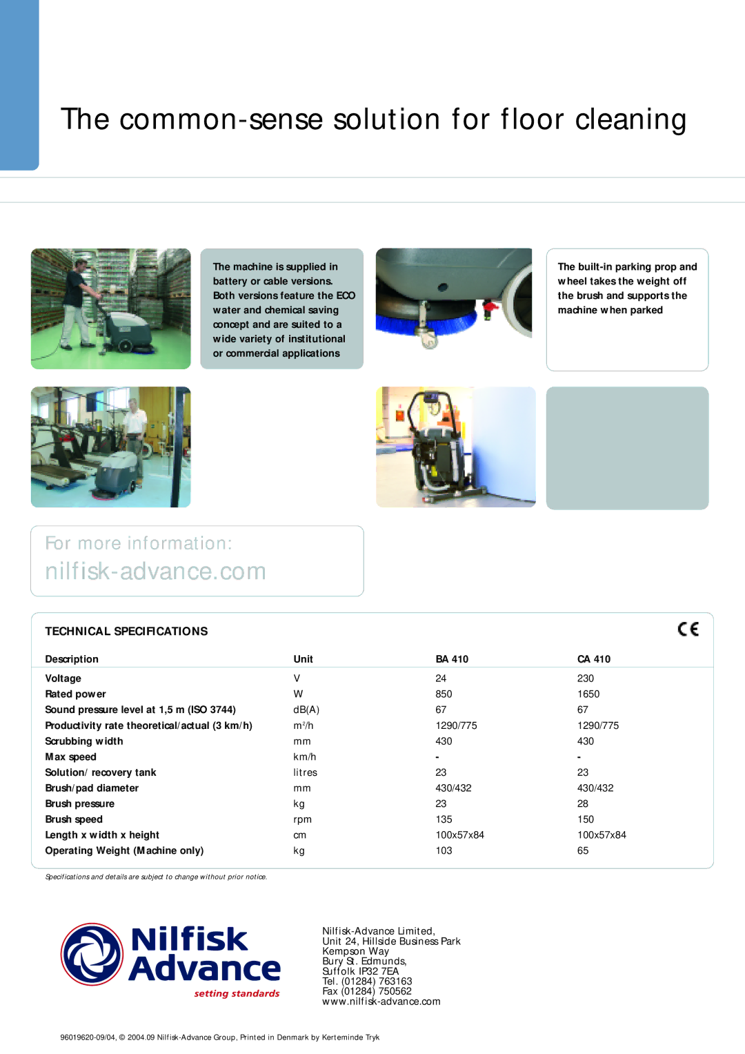 Nilfisk-ALTO CA 410, BA 410 technical specifications Common-sense solution for floor cleaning, Nilfisk-advance.com 